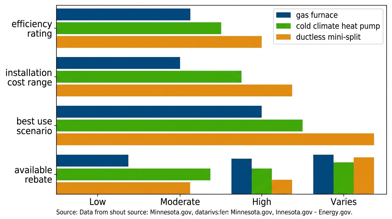 Horizontal grouped bar chart comparing gas furnace, heat pump, and ductless mini-split across efficiency, cost, best use, and rebates for Minnesota homes.