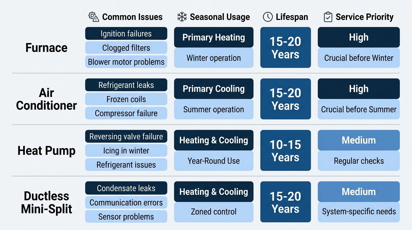 Comparison infographic of four HVAC system types: furnace, air conditioner, heat pump, and ductless mini-split, with attribute columns for common issues, seasonal usage, lifespan, and service priority, using color-coded cells and icons in a matrix layout.