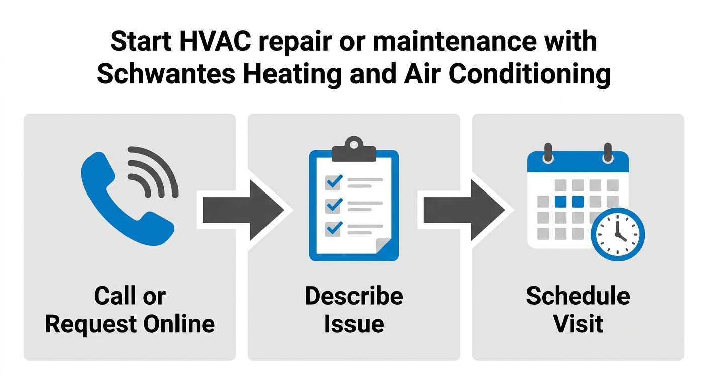 Tres pasos simples para iniciar reparación o mantenimiento HVAC con Schwantes: llamar o solicitar en línea, describir el problema, programar visita. Etiquetas de iconos y flechas conectan los pasos.