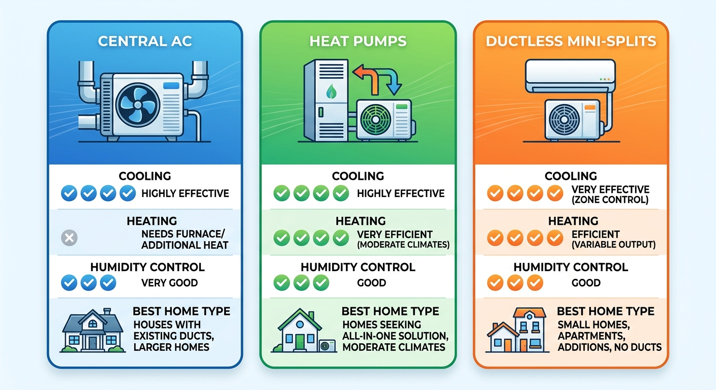 Comparison infographic of Central AC, Heat Pump, and Ductless Mini-Split with color-coded checkmarks for cooling, heating, humidity control, and best home type