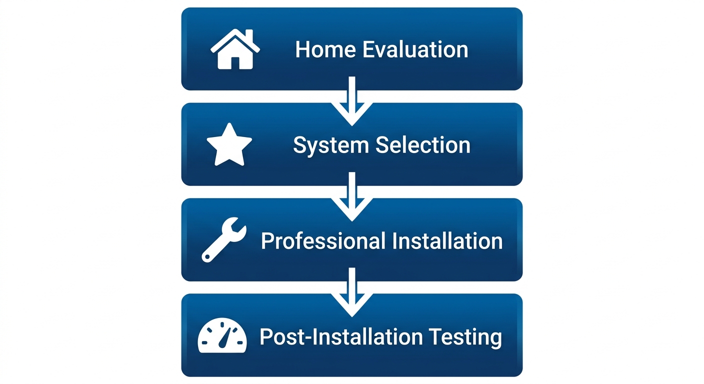 Vertical process flow with four stages of AC replacement: Home Evaluation, System Selection, Professional Installation, Post-Installation Testing with blue and white icons