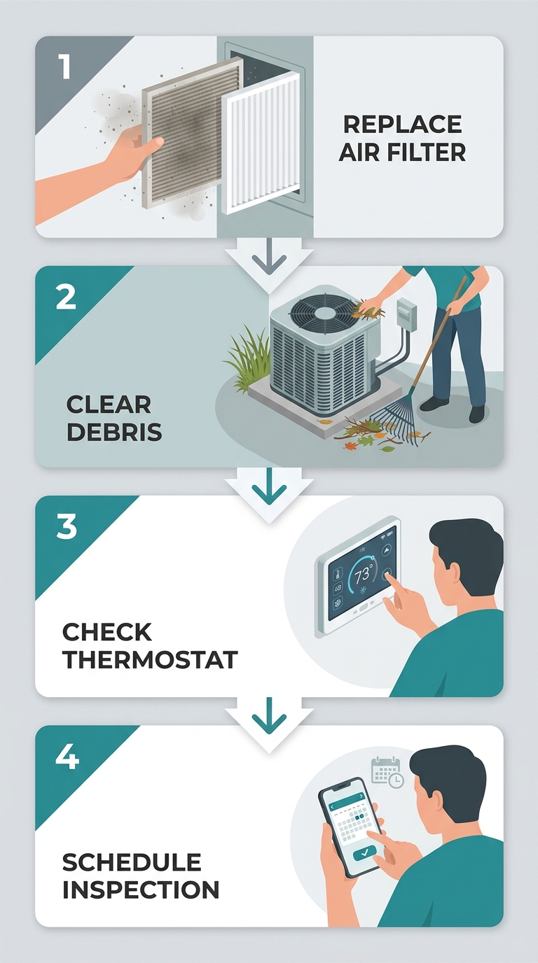Four-step vertical process diagram for HVAC maintenance in Stillwater, Minnesota: replace air filter, clear outdoor unit debris, check thermostat, schedule professional inspection.