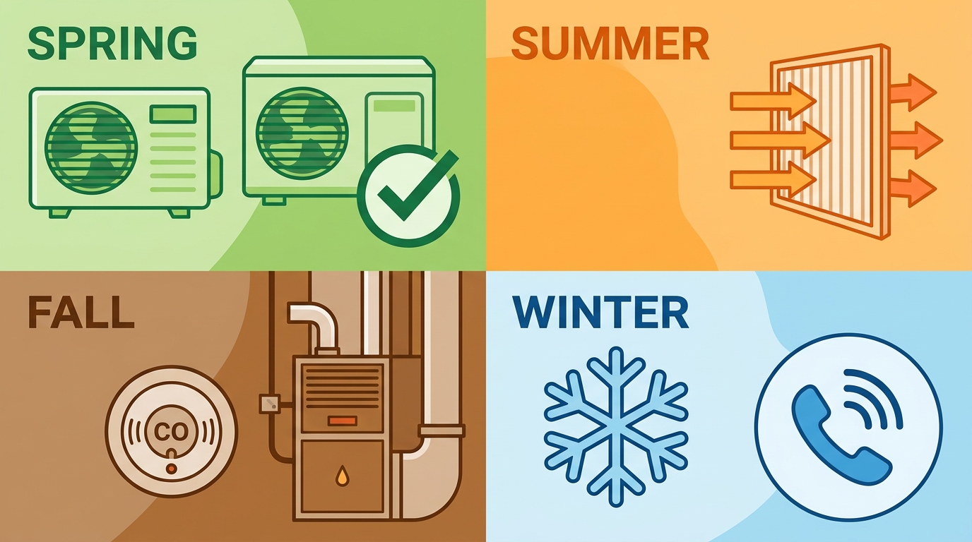 Four-season HVAC maintenance infographic showing spring, summer, fall, and winter seasonal quadrants with relevant icons and minimal labels