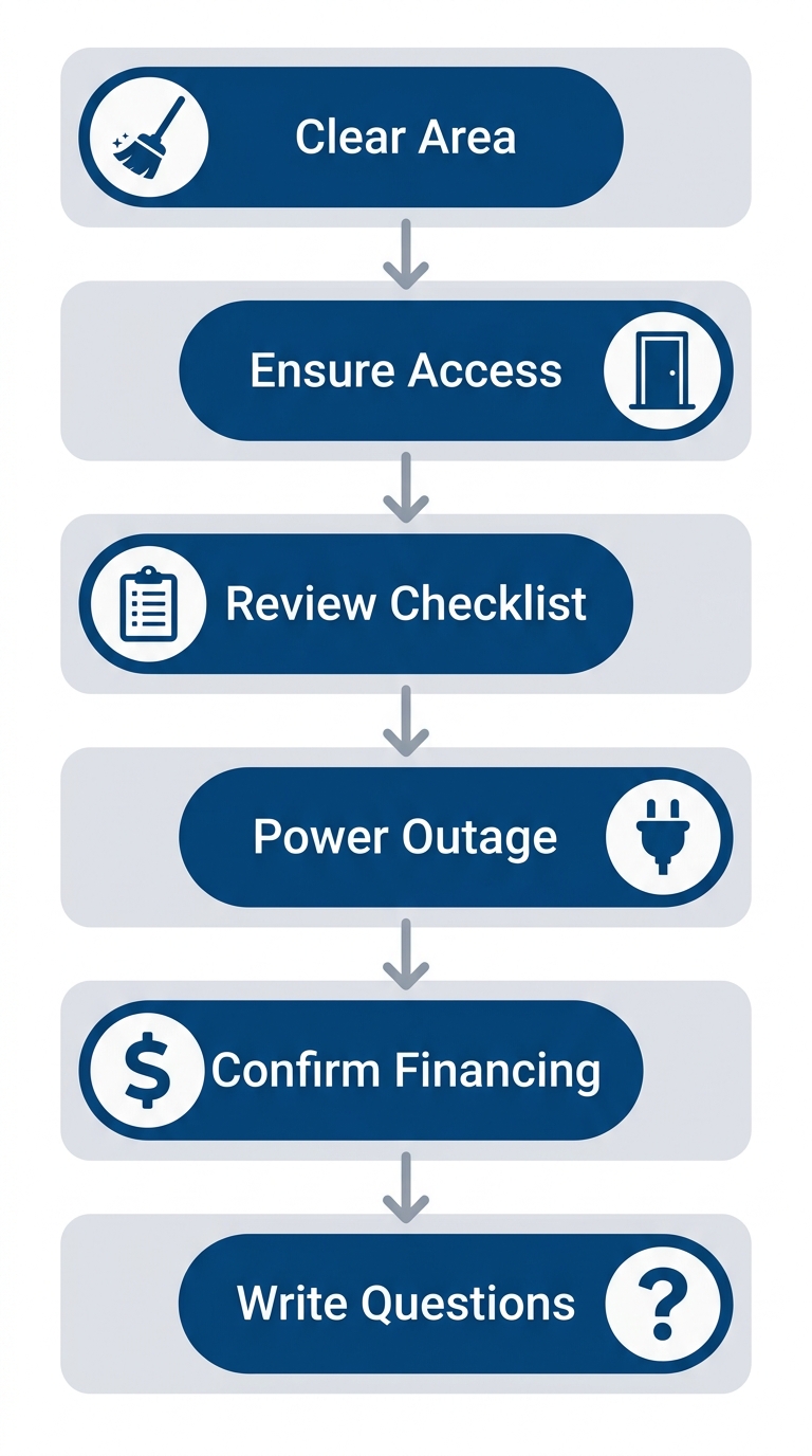 Six-step vertical process flow diagram for preparing a heating installation in Stillwater, showing stages from clearing the area to writing down questions.