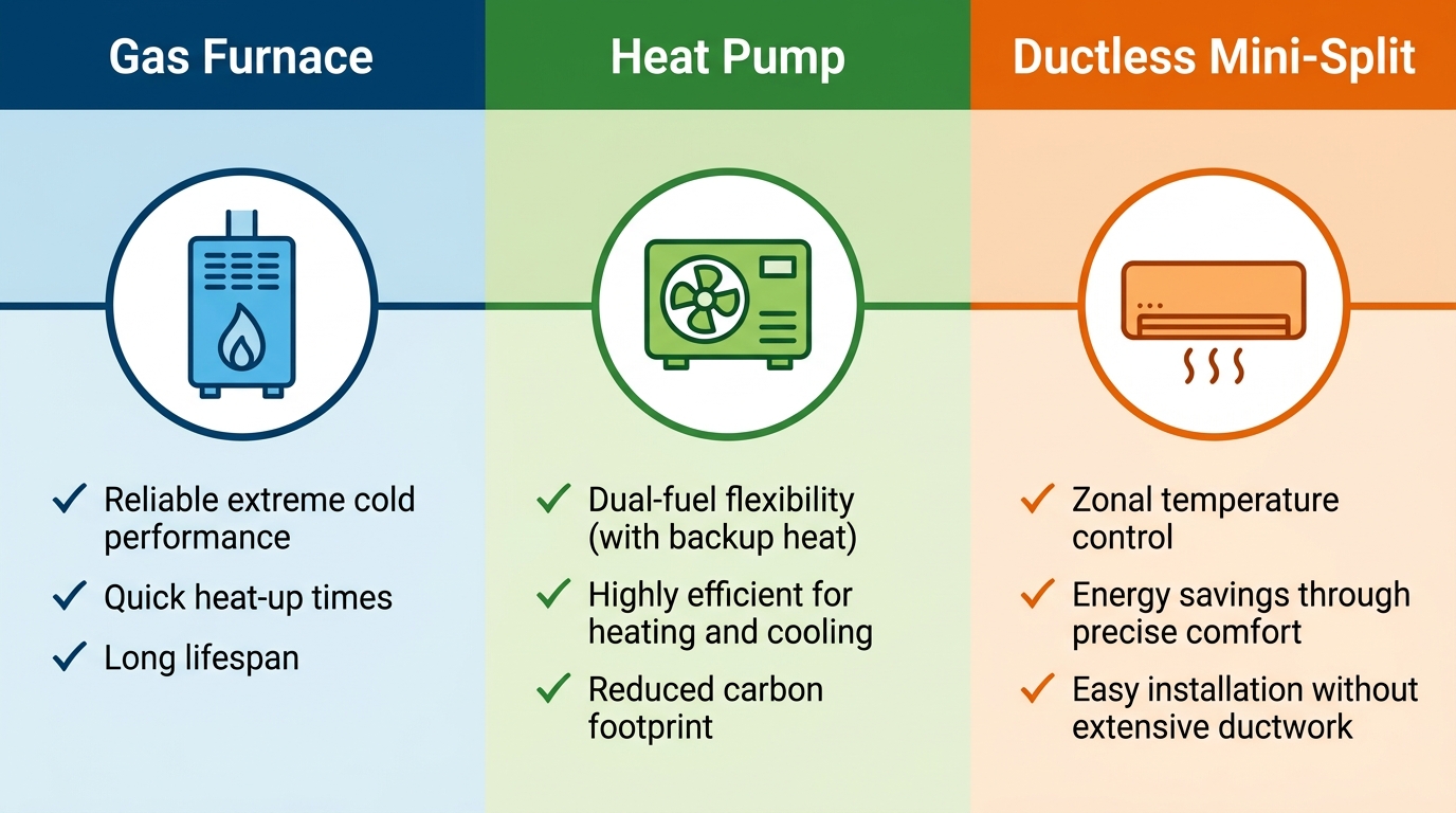 Infographic comparing three heating systems for Stillwater homes: gas furnace, heat pump, and ductless mini-split, with key benefits listed in columns.