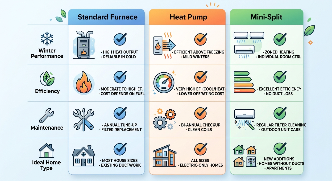 Infographic comparing Standard Furnace, Heat Pump, and Mini-Split heating systems for Stillwater homes, with rows for winter performance, efficiency, maintenance, and ideal home type.