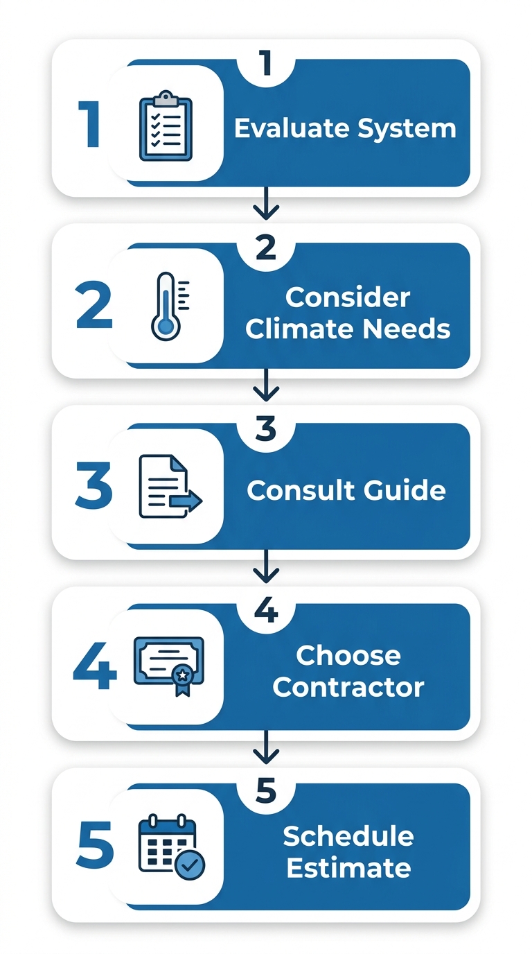 Process flow diagram showing five steps for furnace replacement in Stillwater, Minnesota: evaluate system, consider climate needs, consult consumer guide, choose contractor, and schedule free estimate.