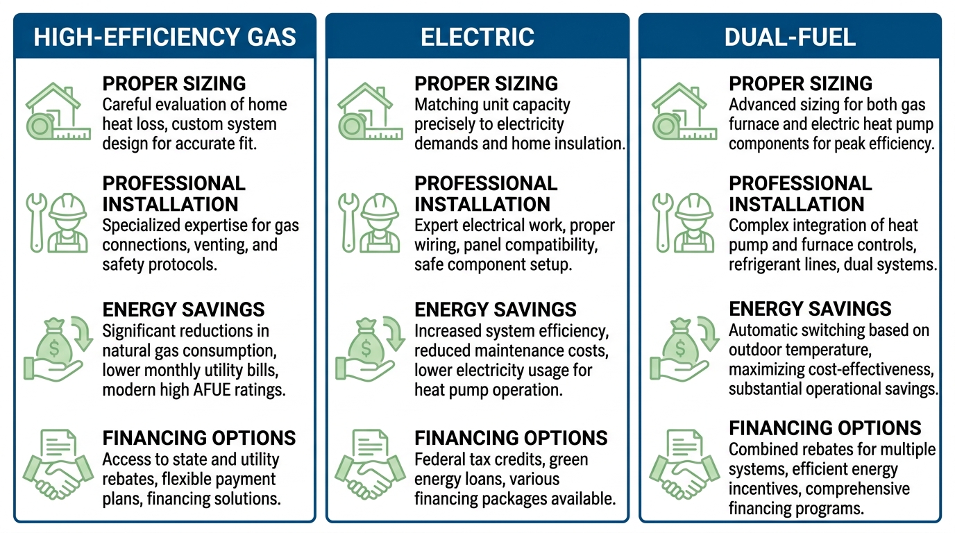 Infographic comparing three furnace types with benefit checklists for gas, electric, and dual-fuel systems