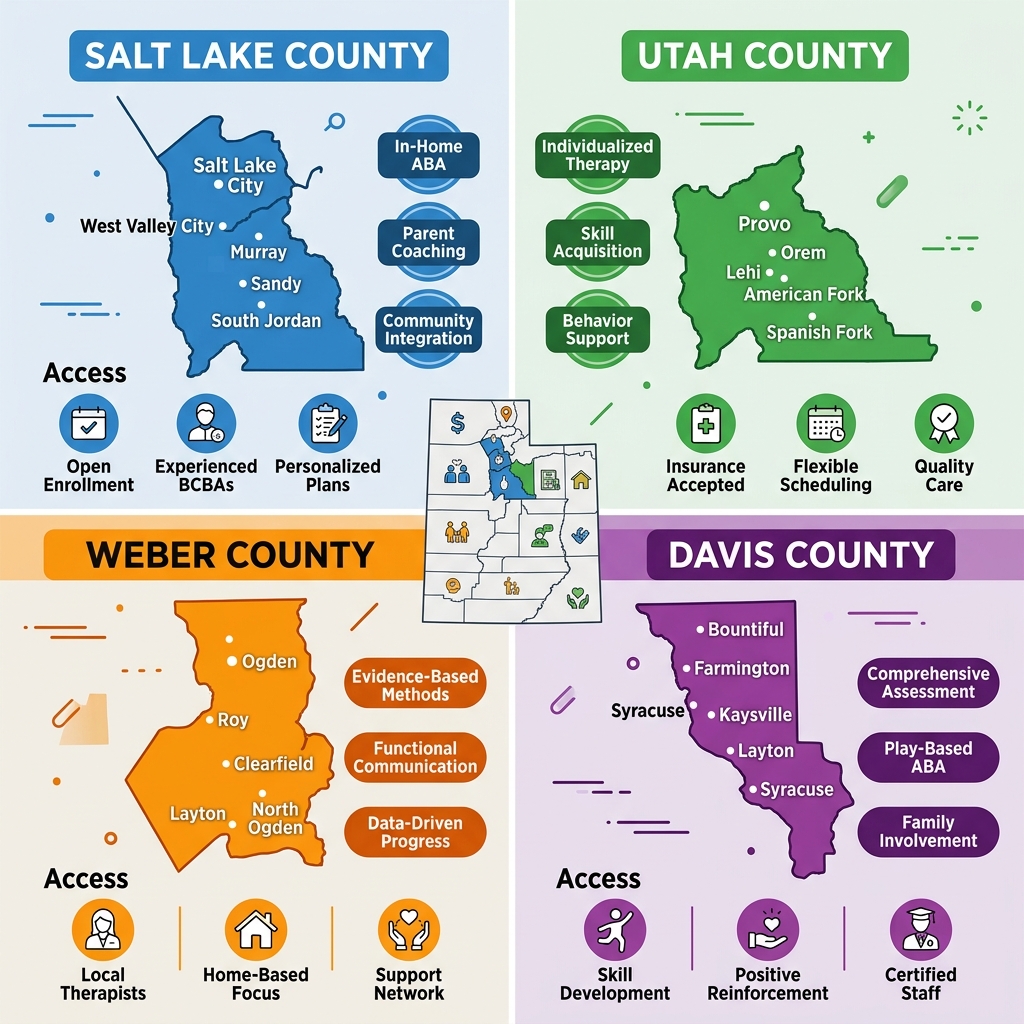 Infographic map of Utah highlighting four counties served by Golden Touch ABA Therapy: Salt Lake County (blue), Utah County (green), Weber County (orange), Davis County (purple), with city lists and service model badges.