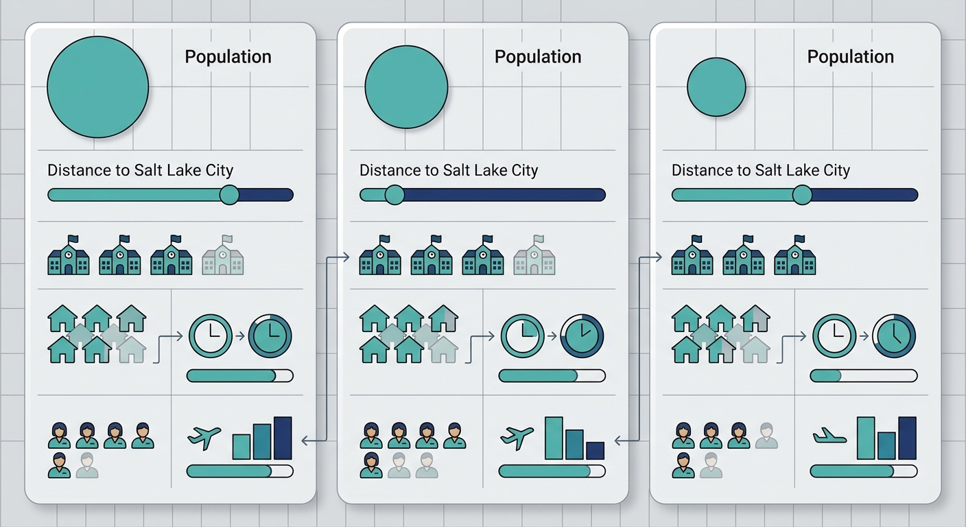Infographic comparing in-home ABA accessibility in Ogden, Layton, and Bountiful with visual indicators