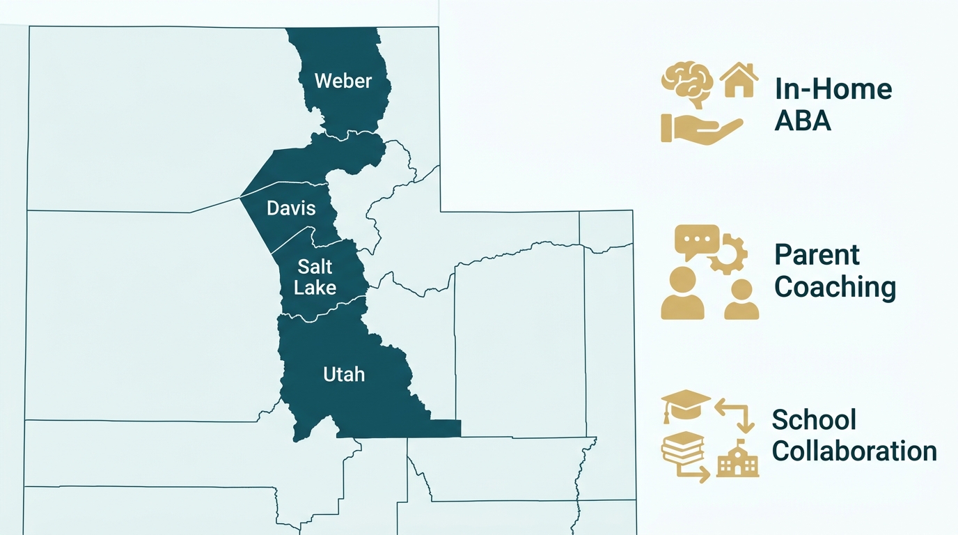 Utah county map showing ABA therapy coverage areas with service callouts for In-Home ABA, Parent Coaching, and School Collaboration.