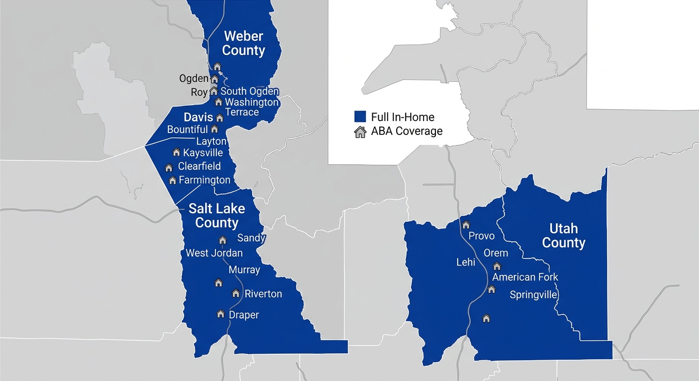 Map of Utah with four highlighted counties showing major cities for in-home ABA therapy coverage