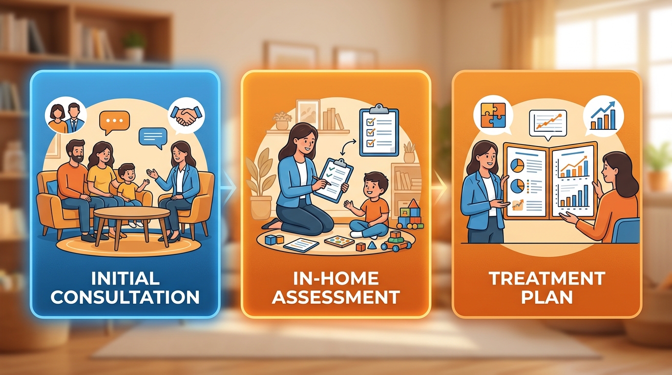 Horizontal process flow showing three steps for starting in-home ABA therapy with BACB-certified BCBAs: Initial Consultation, In-Home Assessment, and Treatment Plan. Blue and warm orange colors, no text titles.