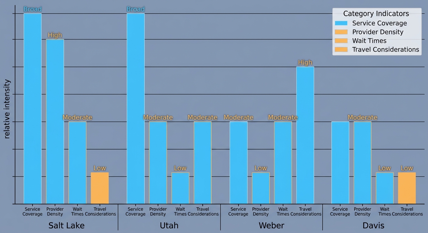 Grouped bar chart comparing service coverage, provider density, wait times, and travel considerations for autism therapy across four Utah counties.