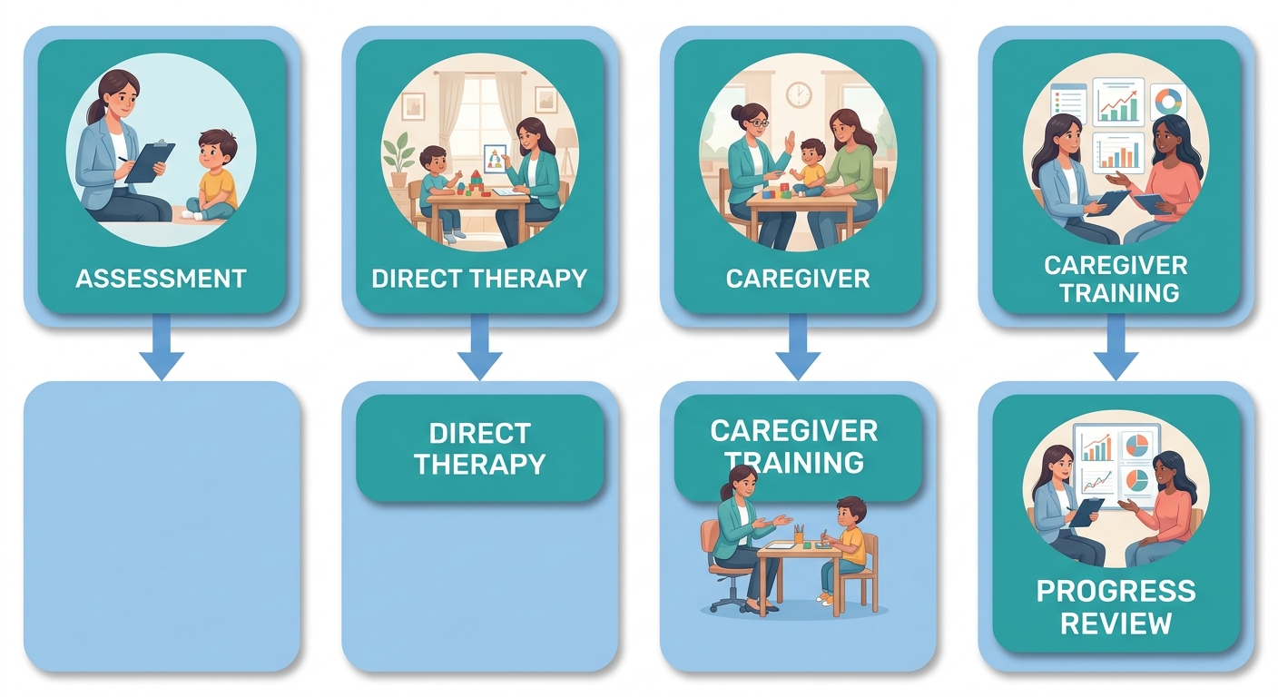 Vertical diagram of four-step in-home ABA therapy collaboration process