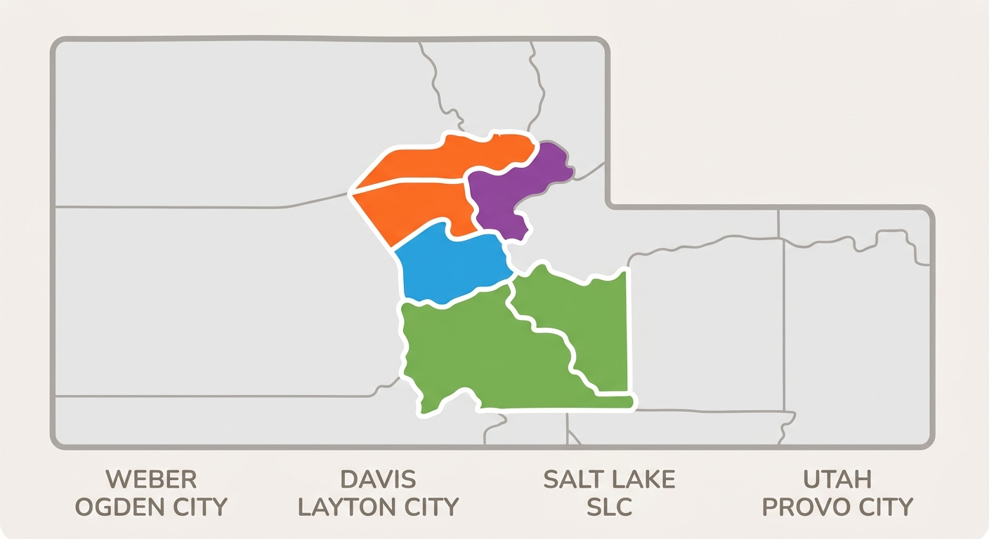 Simplified outline map of Utah with four counties highlighted in blue, green, orange, and purple, labeled with county names and key cities below