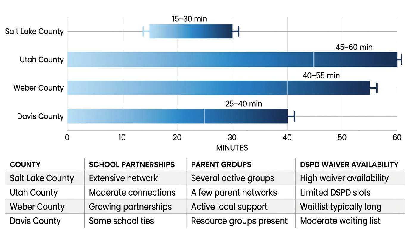 Horizontal bar chart comparing average travel times from Salt Lake City to Utah, Weber, Davis, and Salt Lake counties with a resource summary table