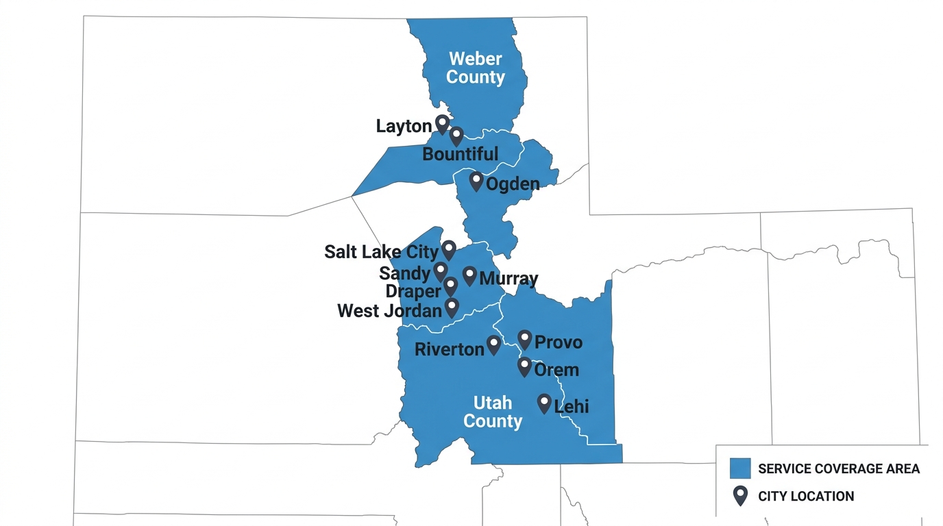 Map of Utah highlighting Salt Lake, Utah, Weber, and Davis counties with city pins and service area legend in brand blue.