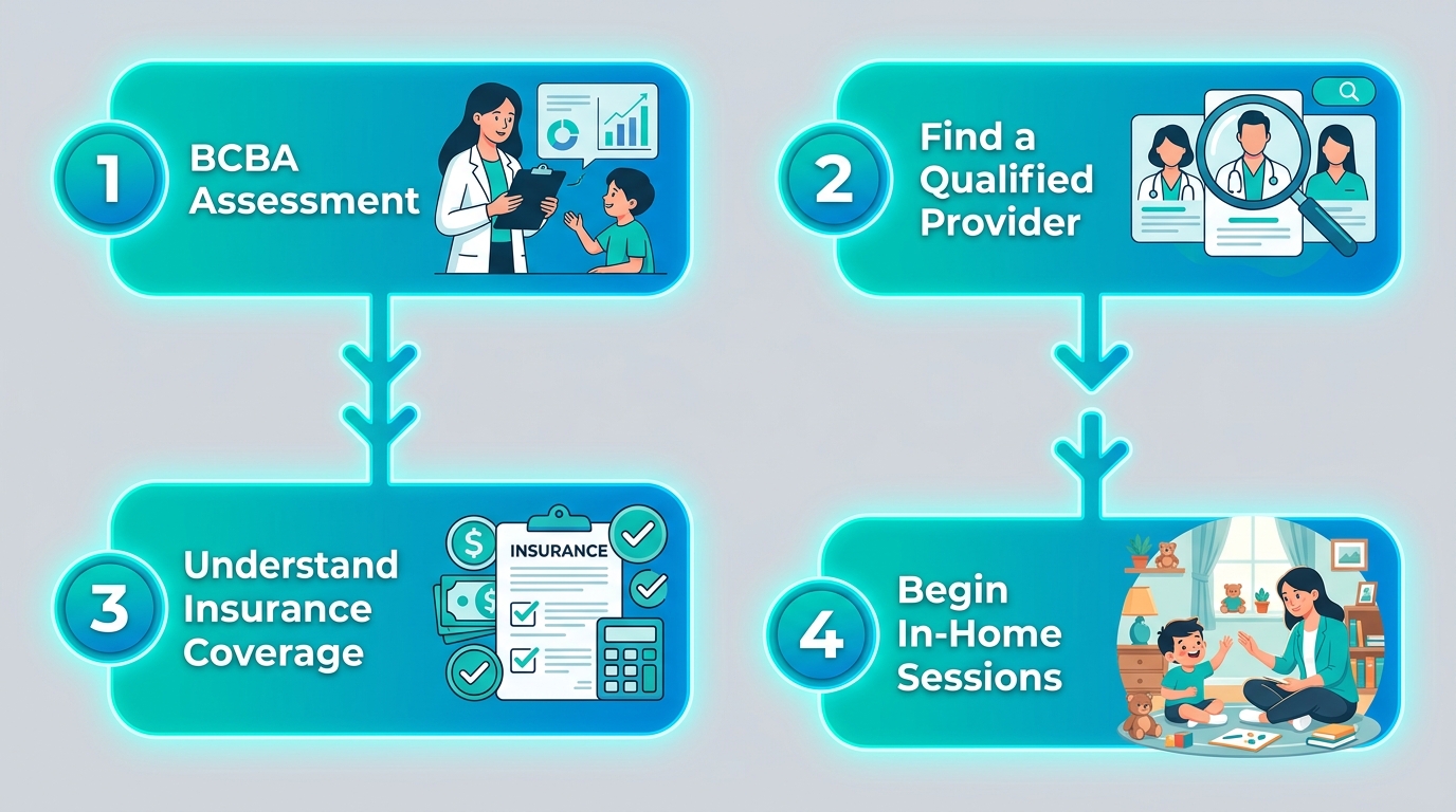 Vertical process flow of four steps to enroll in ABA therapy: BCBA Assessment, Find a Qualified Provider, Understand Insurance Coverage, and Begin In-Home Sessions, with teal rounded rectangles and downward arrows.
