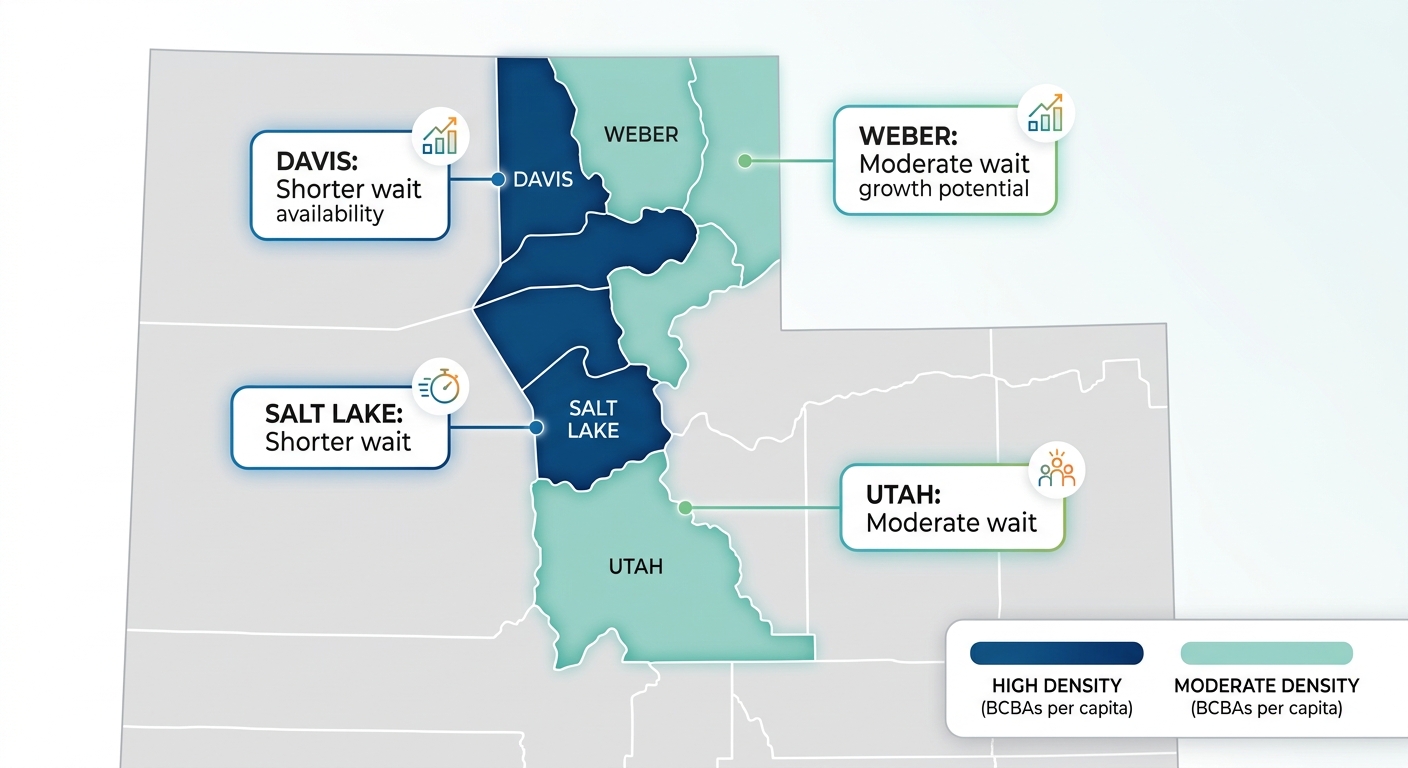 Infographic map of Utah showing four counties color-coded by Board Certified Behavior Analyst density with qualitative wait time labels and icons for service considerations