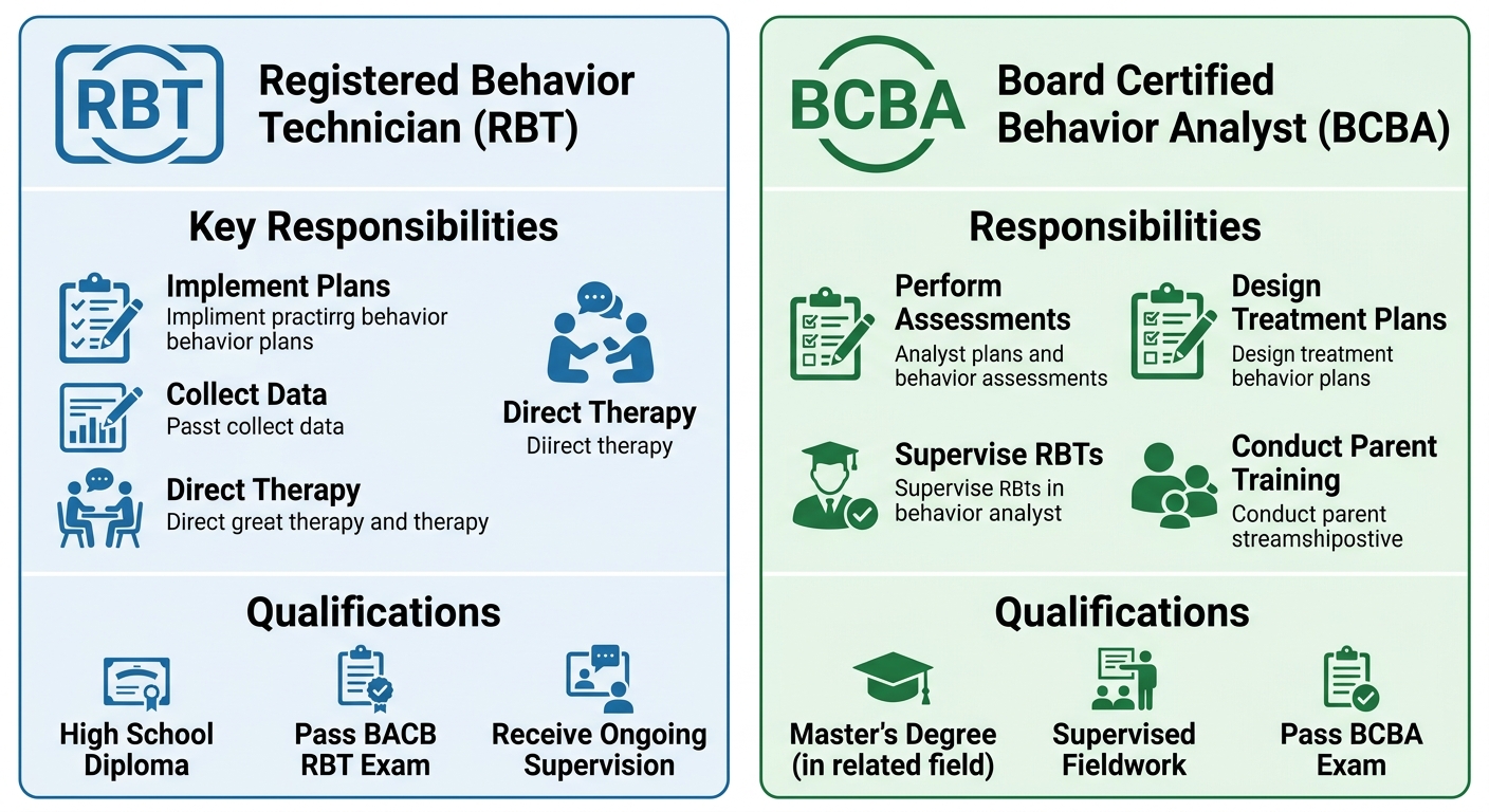 Two-column comparison infographic of RBT and BCBA roles in ABA therapy: left column shows RBT responsibilities and qualifications in blue, right column shows BCBA in green.