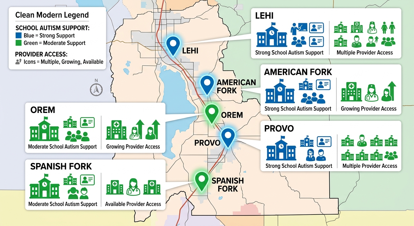 Infographic of Utah County highlighting five cities with blue and green markers indicating school autism support and provider access levels.