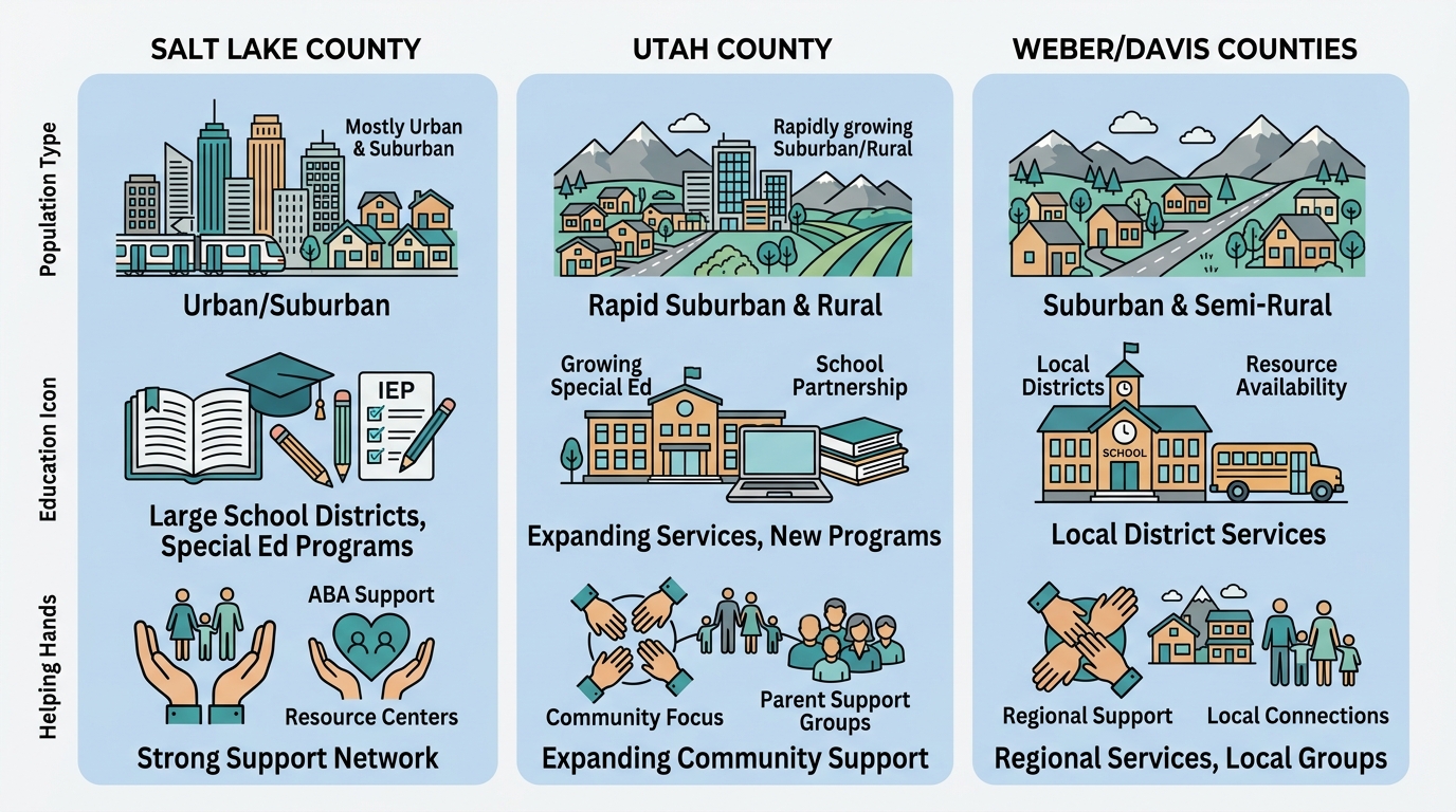 Infographic comparing ABA therapy service areas across Salt Lake County, Utah County, and Weber/Davis Counties with icons for population type, school resources, and community support.
