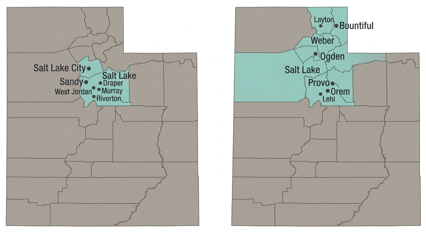 Outline map of Utah highlighting Salt Lake, Utah, Weber, and Davis counties with labeled city markers for in-home ABA service coverage from Golden Touch ABA Therapy.