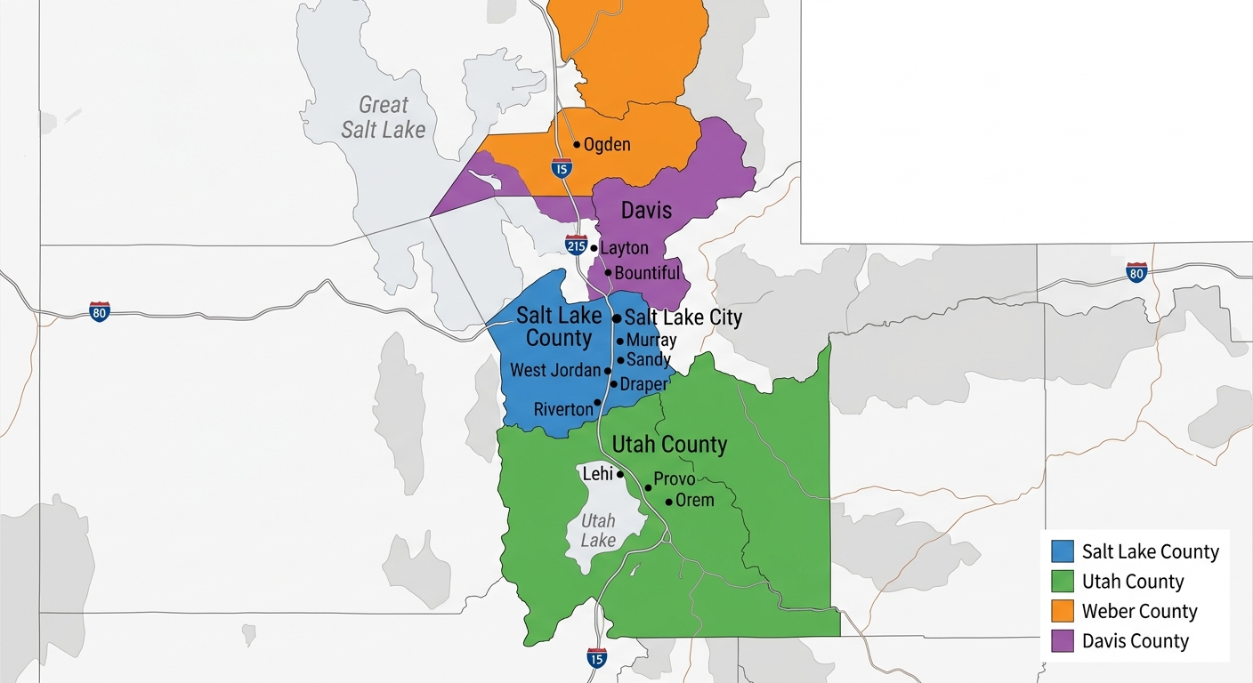 Color-coded geographic map of Salt Lake City region highlighting Salt Lake, Utah, Weber, and Davis counties with city markers for service coverage area.