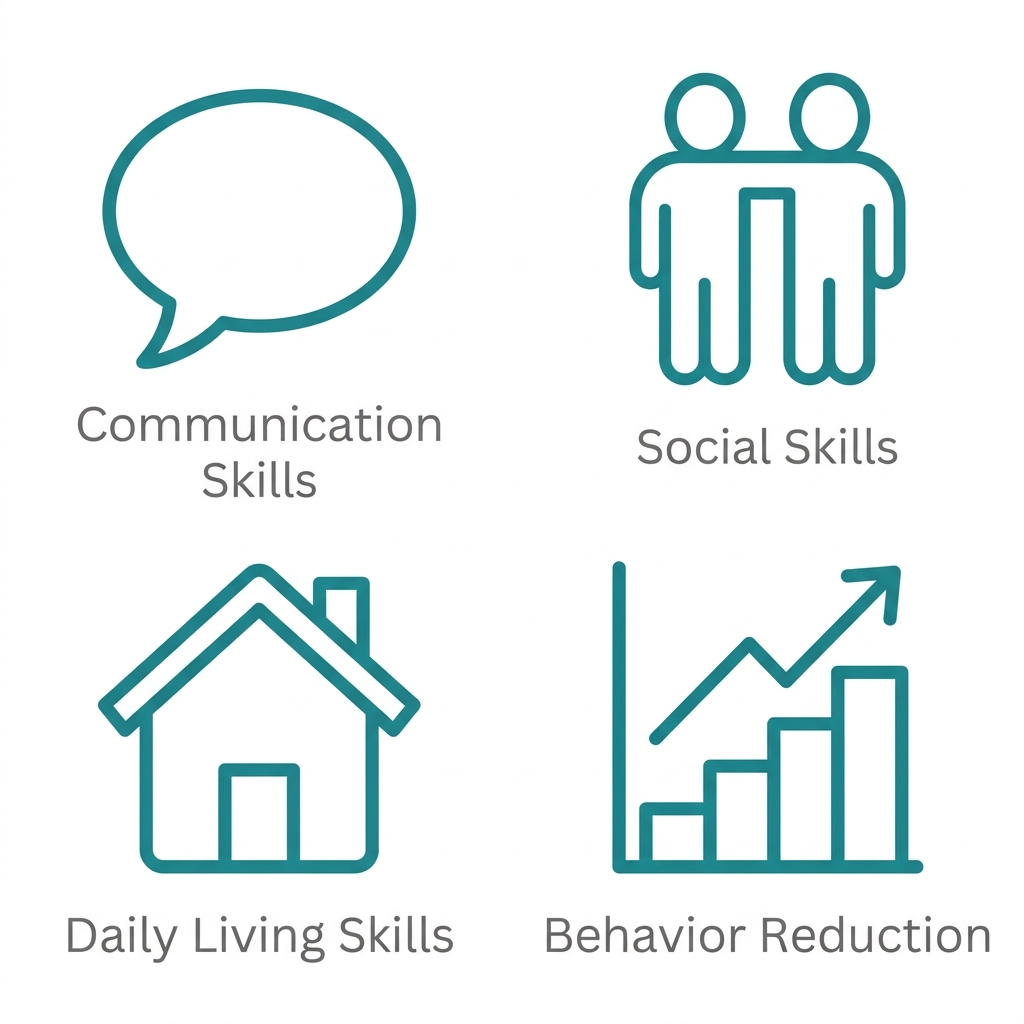 2x2 grid of four teal outline icons representing ABA therapy service areas: speech bubble for communication, two people for social skills, house for daily living, and growth chart for behavior reduction, each with gray labels, on white background.