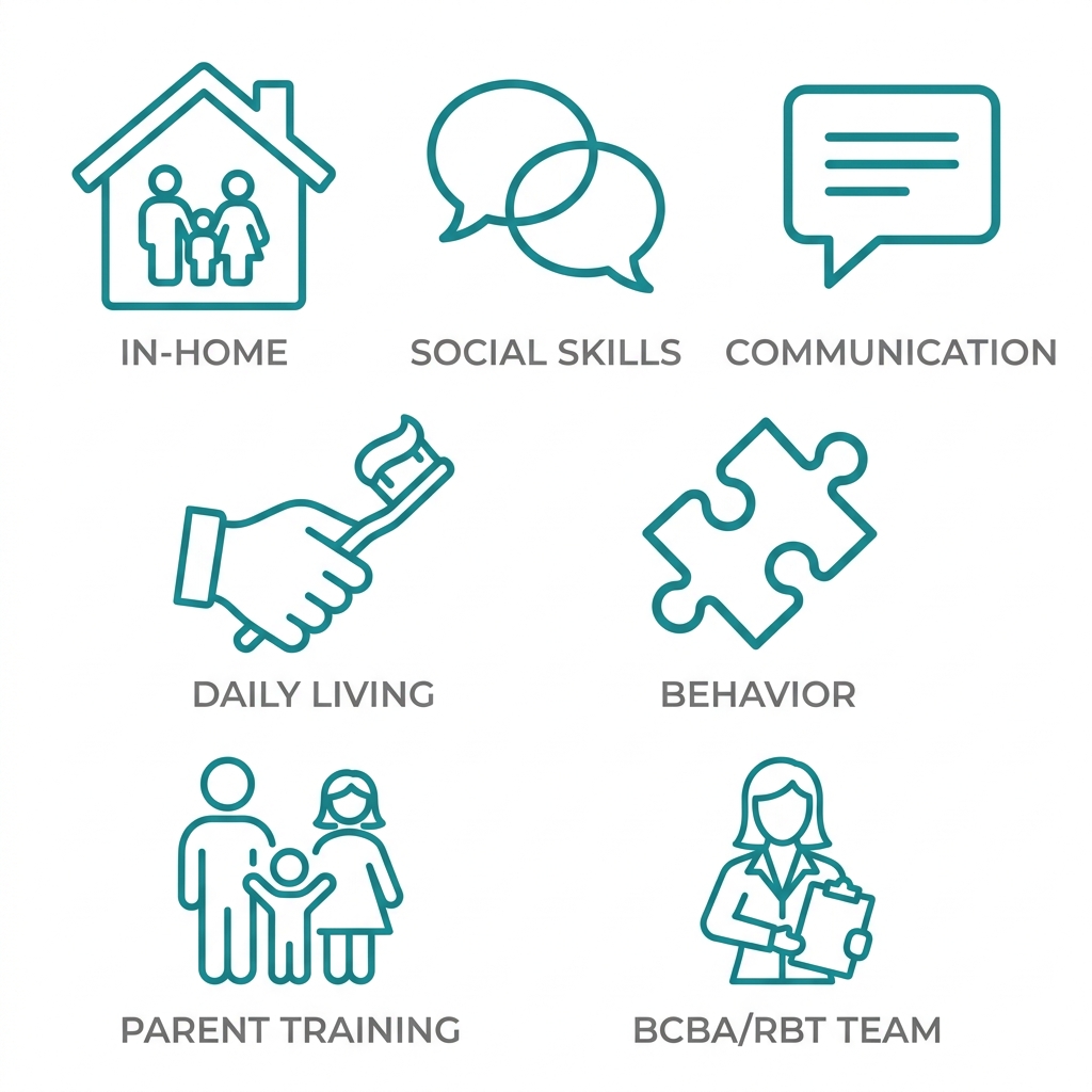 Grid of seven outline icons representing ABA therapy services including in-home therapy, social skills, communication, daily living, behavior support, parent training, and clinical team, with gray labels below each icon on white background.