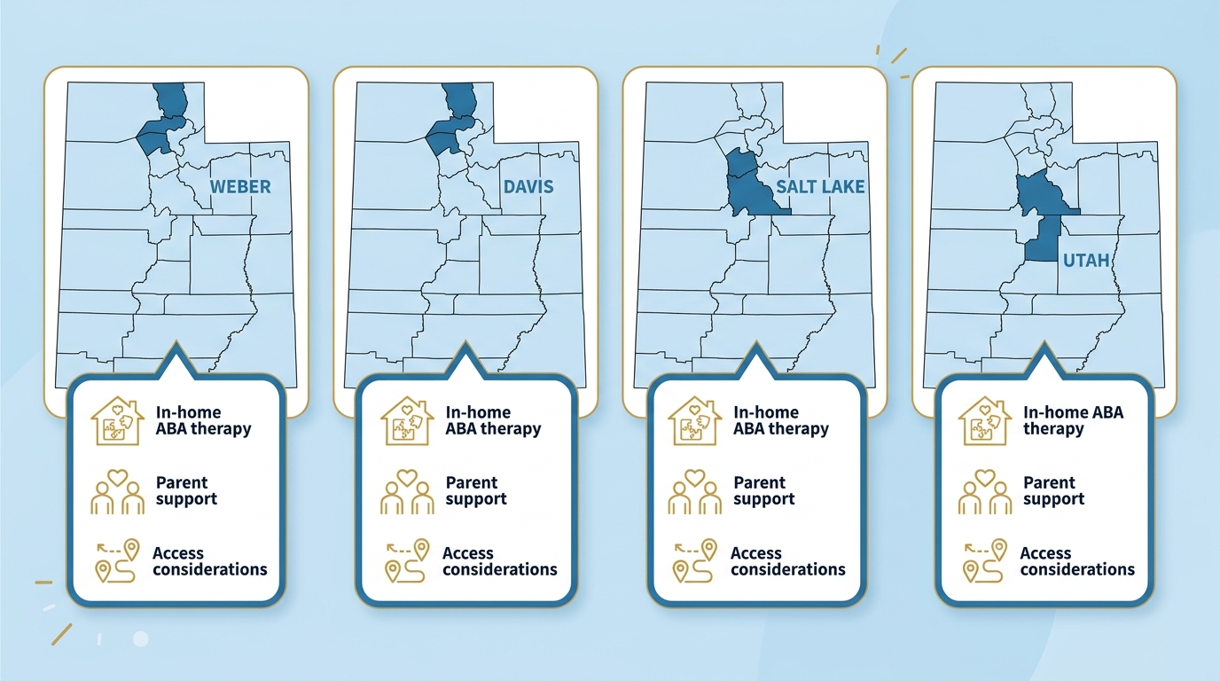 Infographic showing a map of Utah with Weber, Davis, Salt Lake, and Utah counties highlighted, each with callout boxes depicting ABA therapy services and family support resources using warm blue and gold colors.