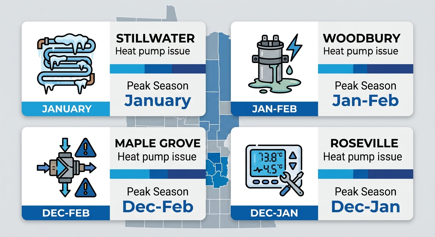 Infographic showing heat pump repair issues and peak seasons across four Schwantes service areas in Minnesota