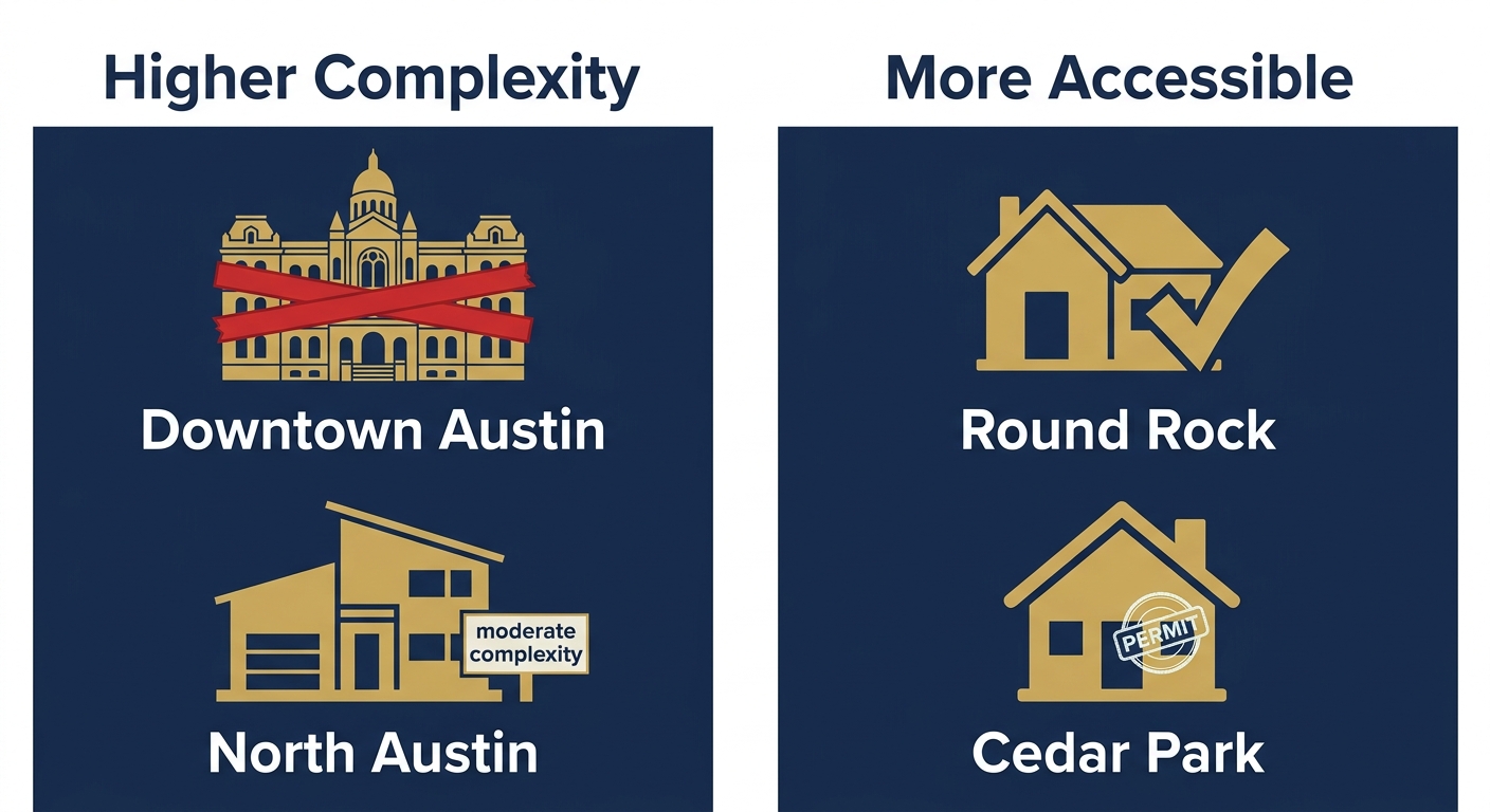 Two-column infographic comparing Austin home remodeling permit complexity across neighborhoods