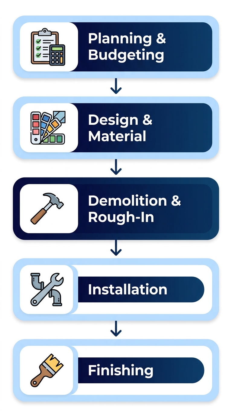 Five-step vertical process flow diagram showing the Austin bathroom remodeling phases: Planning & Budgeting, Design & Material Selection, Demolition & Rough-In, Installation, and Finishing