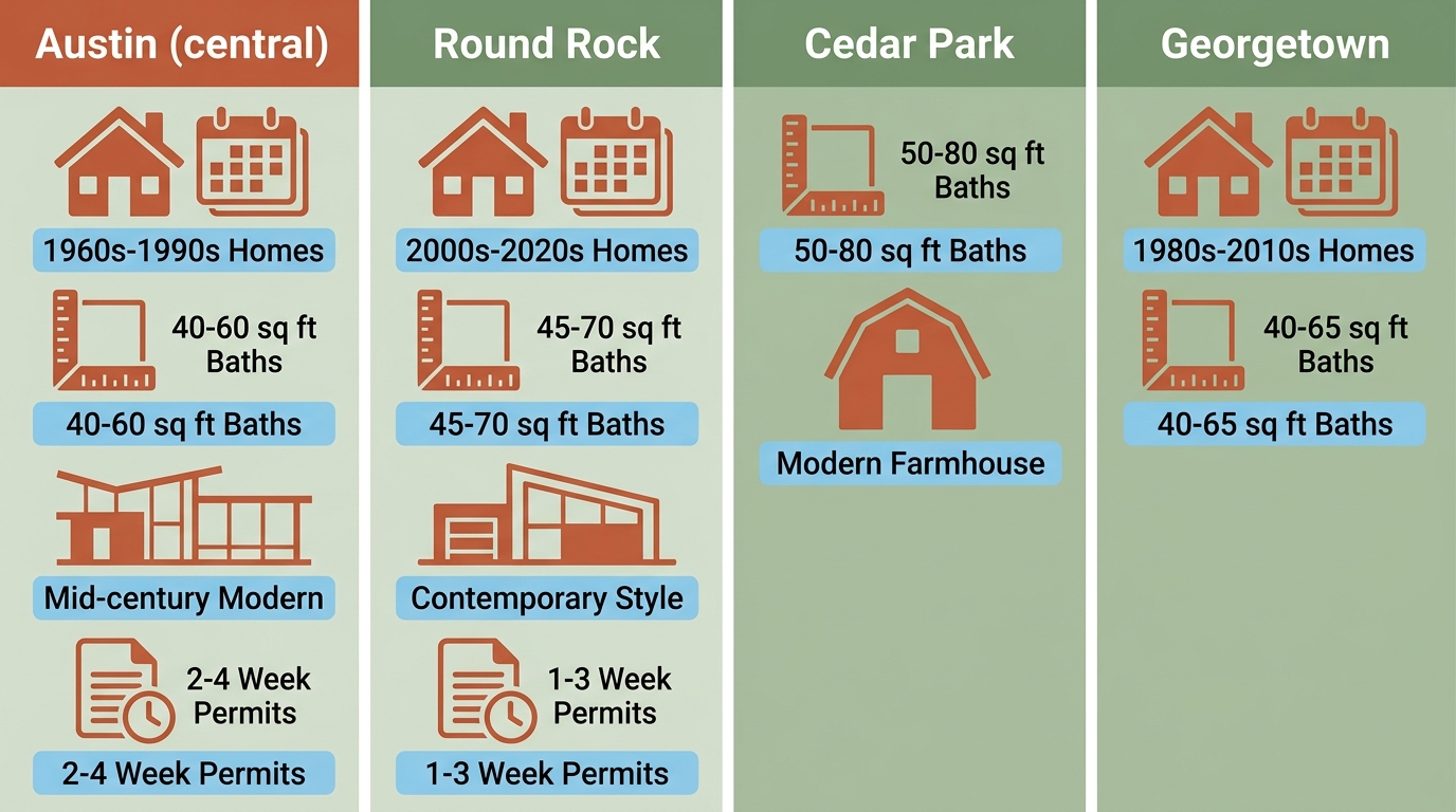 Infographic comparing bathroom remodeling characteristics across Austin, Round Rock, Cedar Park, and Georgetown in Central Texas