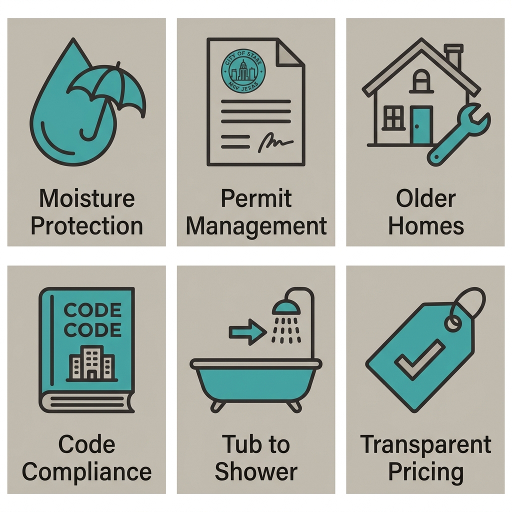Icons for Austin bathroom remodel considerations: moisture protection, permit management, older homes, code compliance, tub to shower conversion, and transparent pricing.