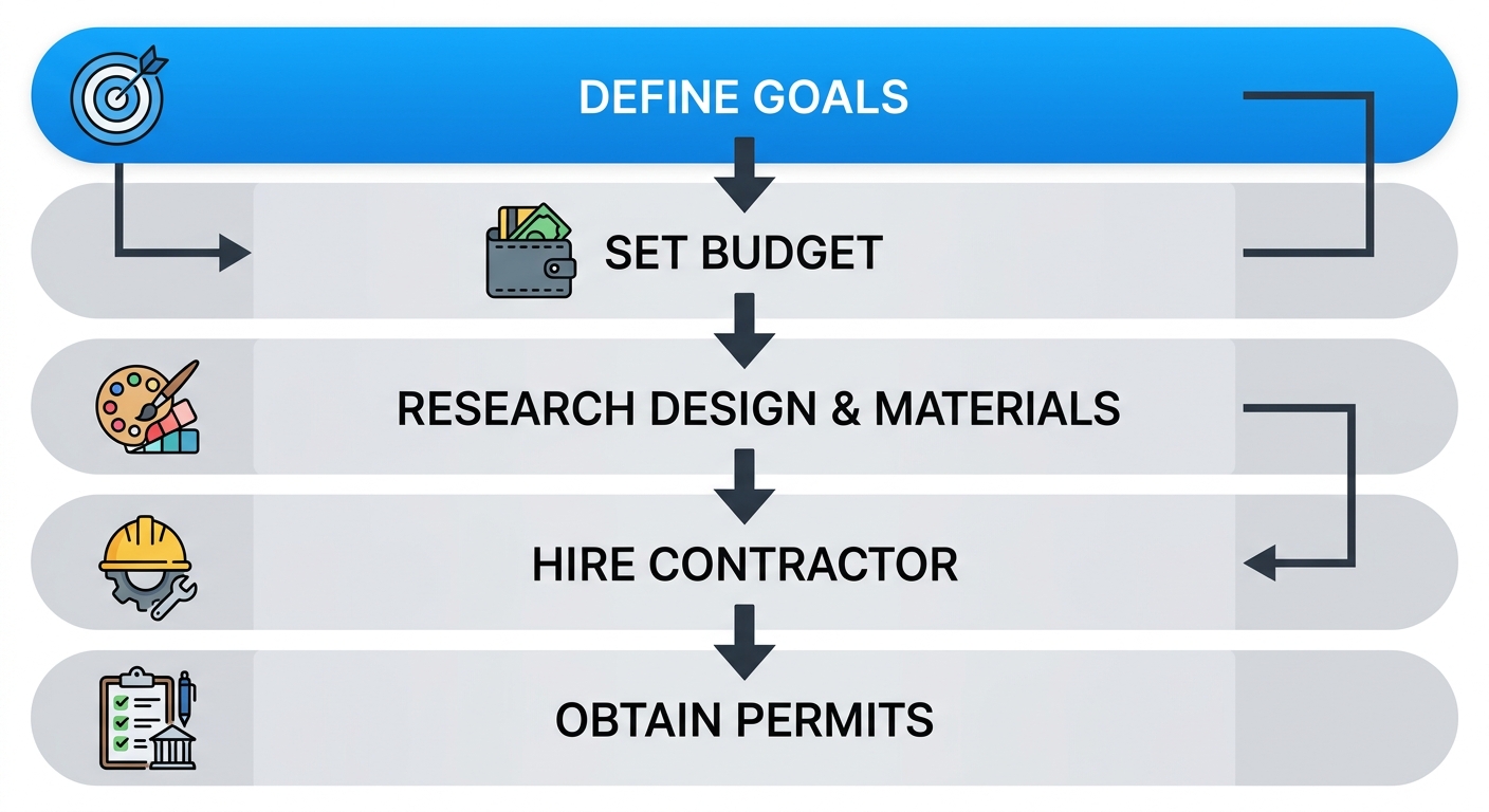 Five-step vertical process diagram for planning a kitchen renovation with icons and labels.