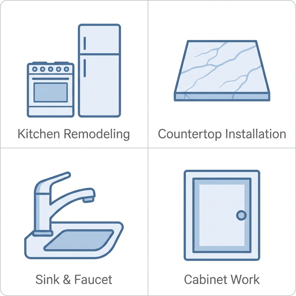 Icons displaying kitchen remodeling, countertop installation, sink and faucet, and cabinet work services.