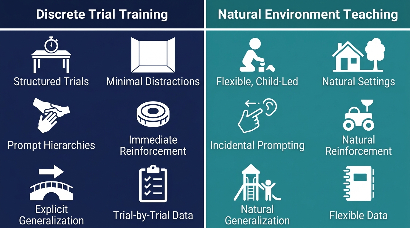 Split-comparison infographic contrasting Discrete Trial Training (DTT) with Natural Environment Teaching (NET) side by side