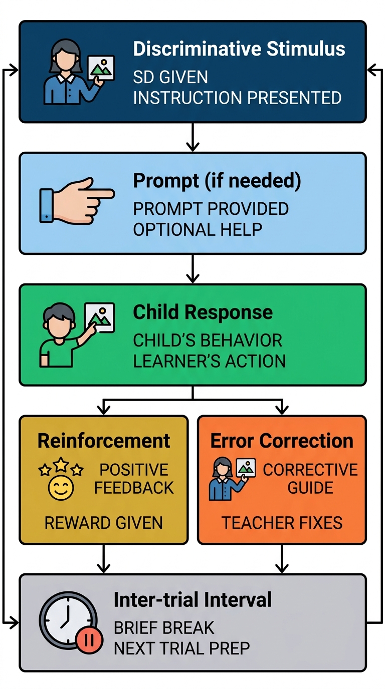 A vertical process flow of discrete trial training with five stages: discriminative stimulus, prompt, child response, reinforcement and error correction, inter-trial interval.