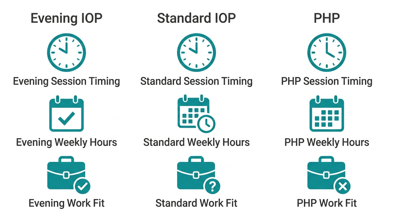 Comparison of Evening IOP, Standard IOP, and PHP program features for addiction treatment