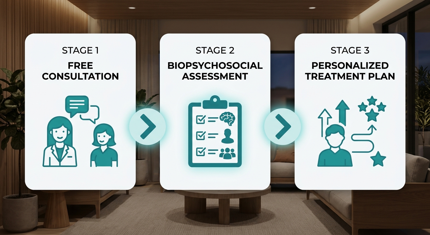 Three-step admission process for Rosewood Recovery's evening IOP program, showing Free Consultation, Biopsychosocial Assessment, and Personalized Treatment Plan in a horizontal flow.