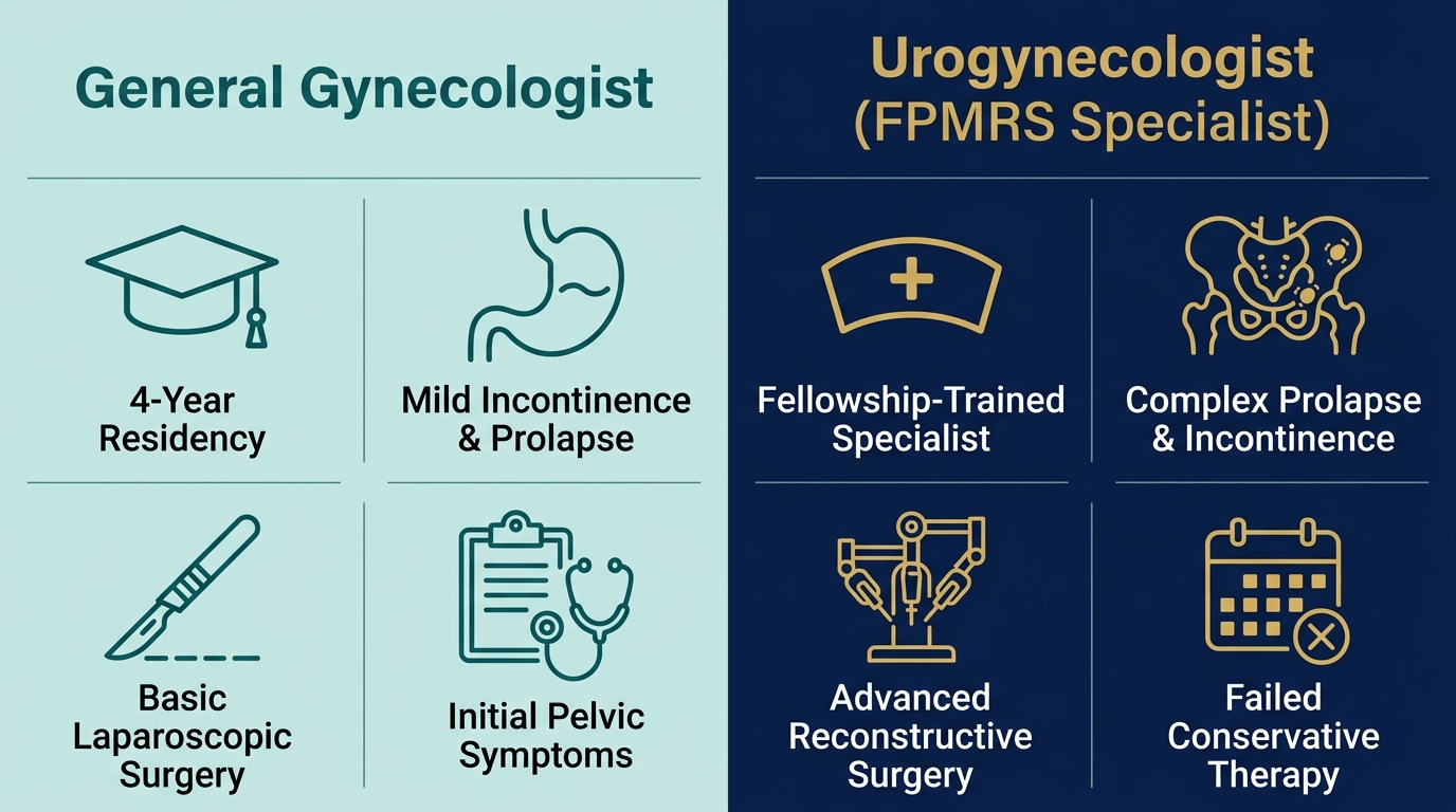 A two-column infographic comparing General Gynecologist and Urogynecologist with icons and labels for each, using light teal, dark teal, deep navy, and gold colors.