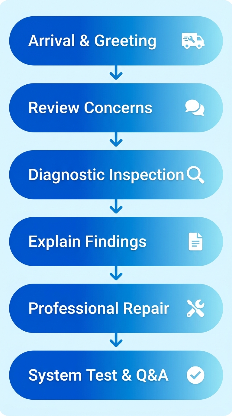 Process diagram showing the six-step AC service journey at Third Coast Heating & Cooling in Brookfield.