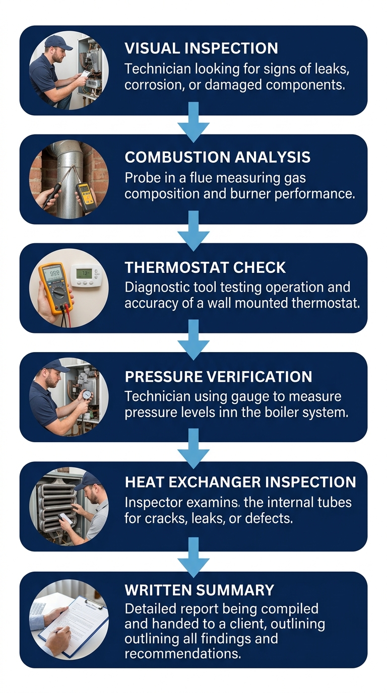 Six-stage vertical process flow diagram illustrating boiler diagnostic procedure at Third Coast Heating & Cooling in Germantown, with navy blue steps labeled Visual Inspection, Combustion Analysis, Thermostat Check, Pressure Verification, Heat Exchanger Inspection, and Written Summary connected by light blue arrows.