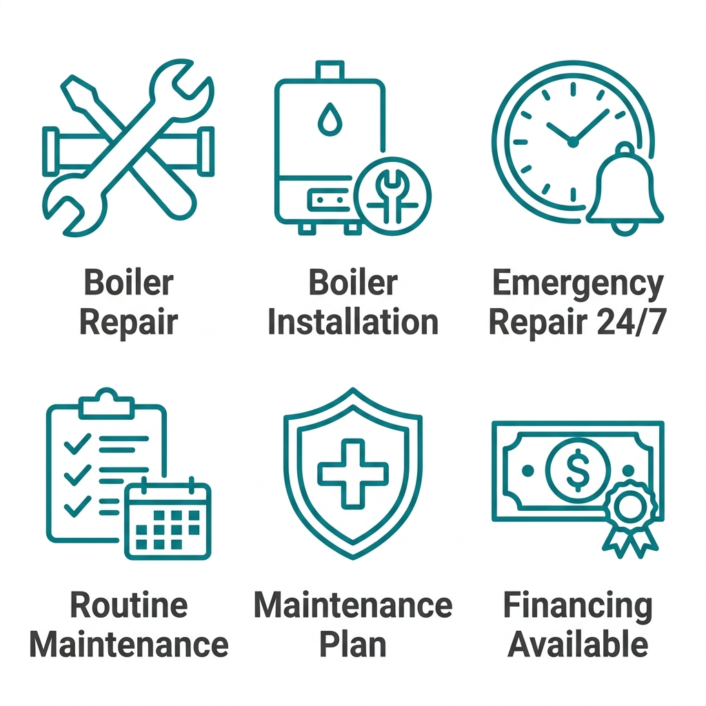 Icon set of six HVAC services: boiler repair, boiler installation, emergency repair, routine maintenance, maintenance plan, and financing, with teal outlines and dark gray labels on white.