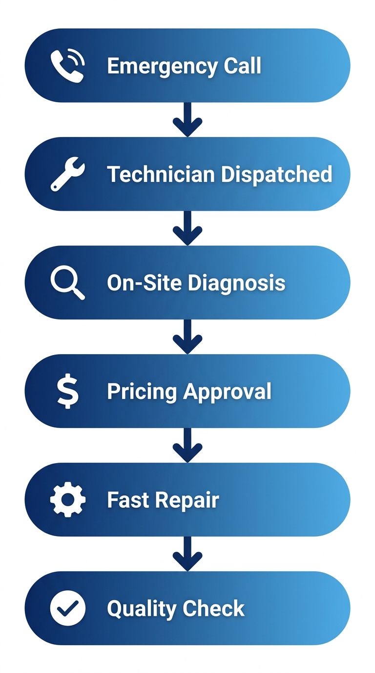Vertical process flow diagram showing the six steps of HVAC emergency repair response at Third Coast Heating & Cooling: emergency call received, certified technician dispatched, on-site diagnosis, transparent pricing approval, fast professional repair, and follow-up quality check. Each step is a blue gradient rounded rectangle with an icon, connected by downward arrows.
