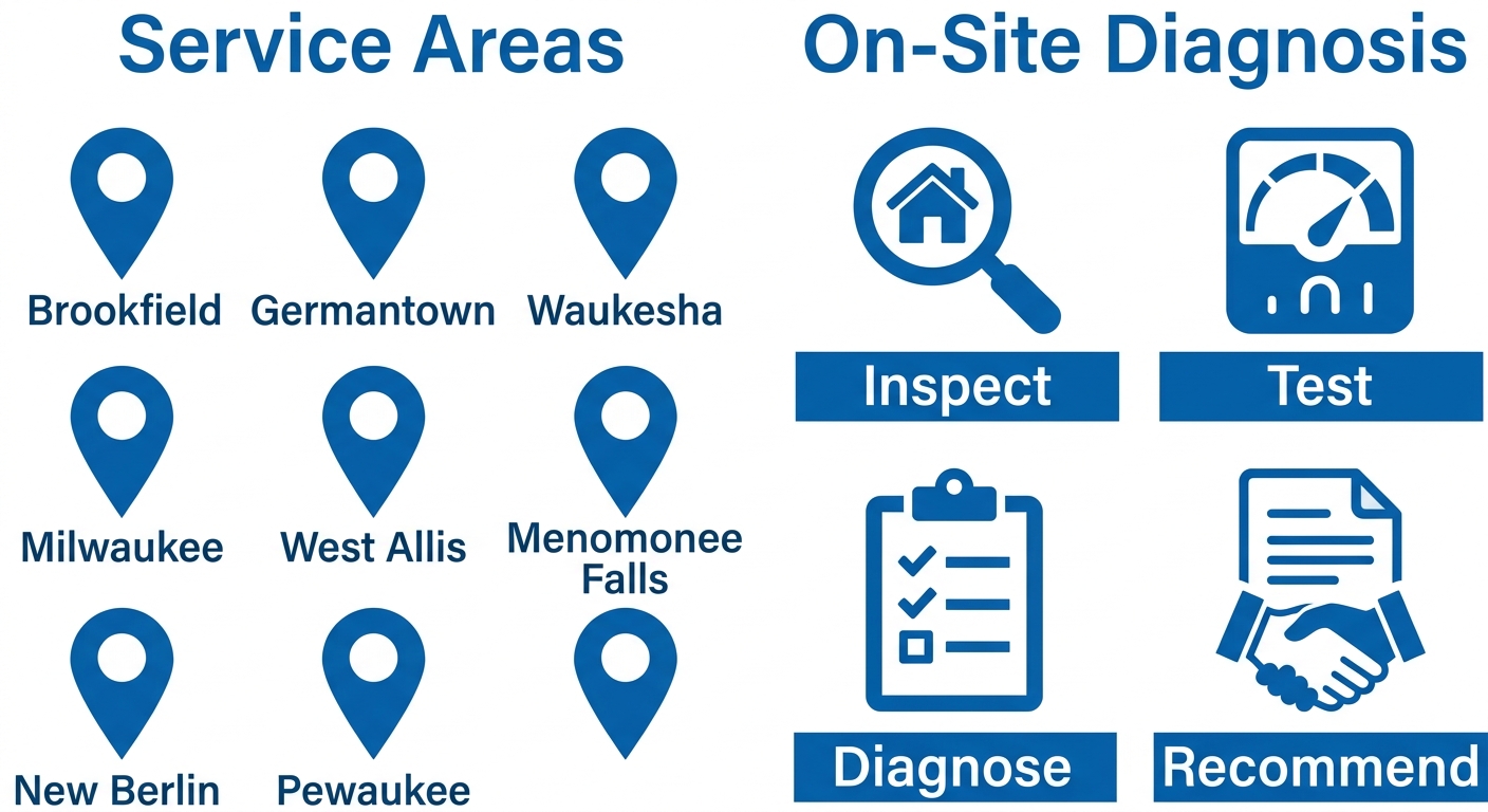 Two-column HVAC infographic showing eight Milwaukee-area service locations on map pins on the left and four on-site diagnosis steps (Inspect, Test, Diagnose, Recommend) on the right, with blue icons and clean sans-serif labels on a white background.