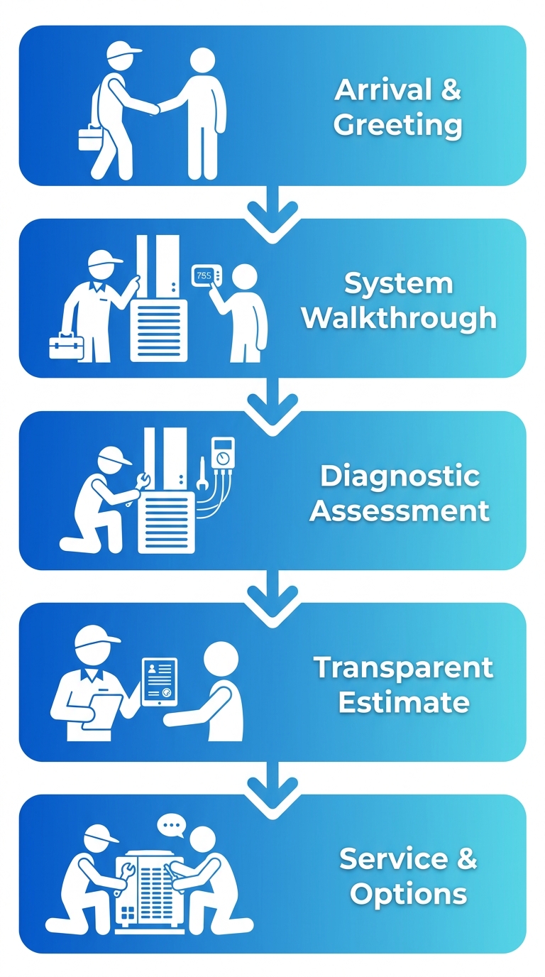 Five-step process flow diagram showing stages of an HVAC technician service visit: arrival and greeting, system walkthrough, diagnostic assessment, transparent estimate, and service and options, with blue gradient rounded rectangles and arrows.